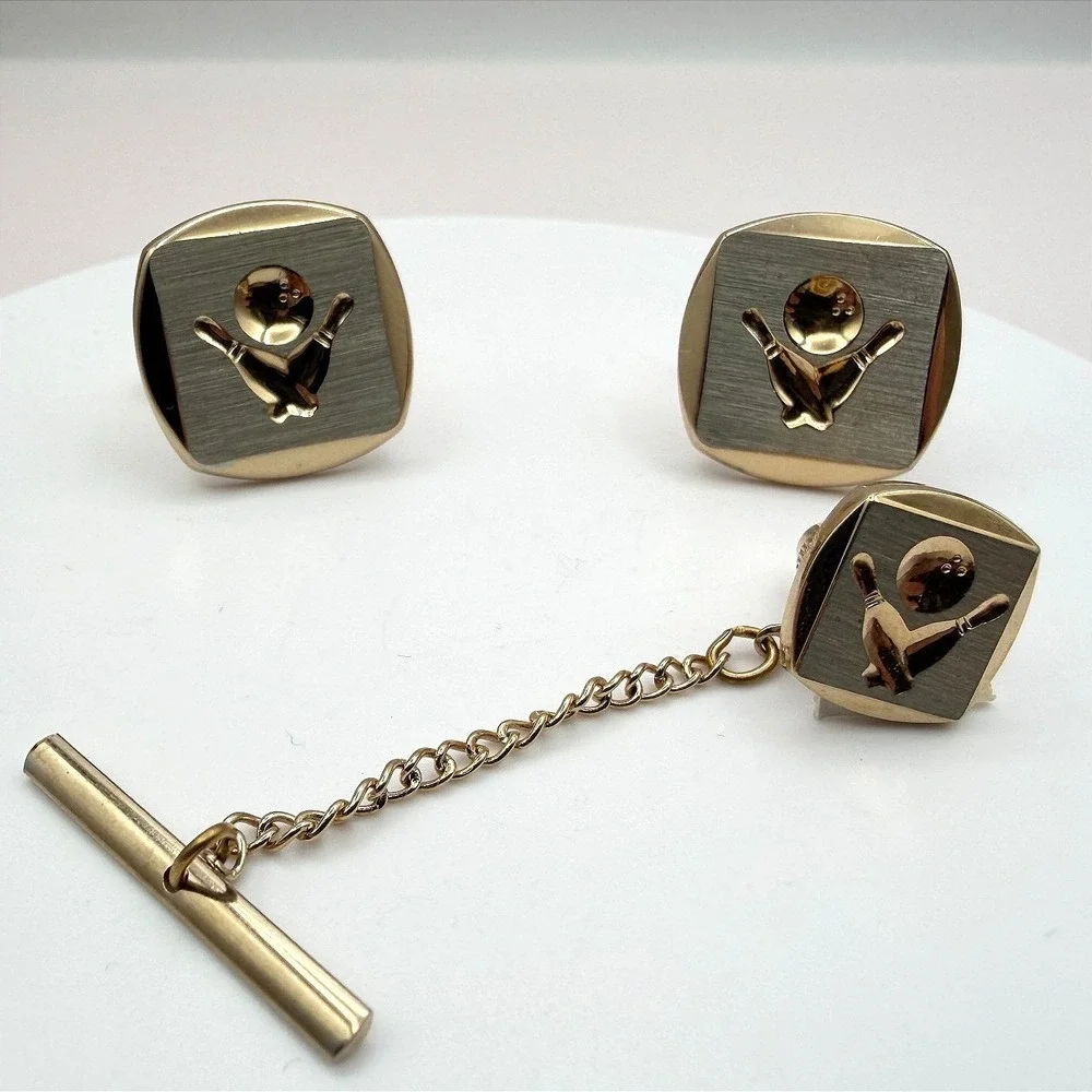 VTG Y2K Gold Tone Bowling Tie Tac Cufflinks Set‎ Men's Classic Fashion Jewelry